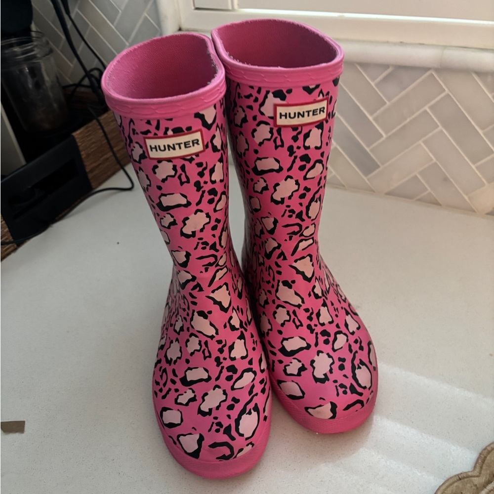 Gently Used Hunter Rain Boots Pink Leopard Print size 13 Toddler uk 12 EUC